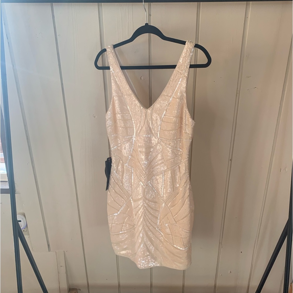 Bebe Fully Sequined Deep V Mini Cocktail Dress